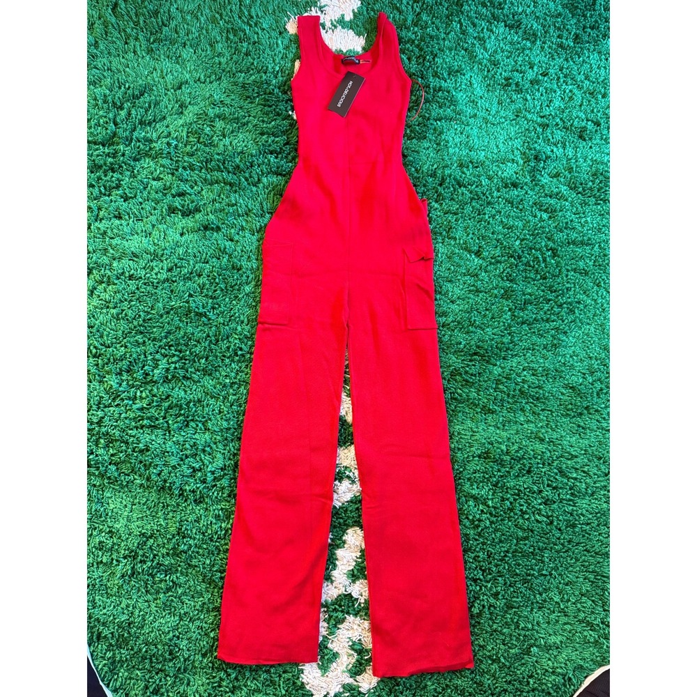 Hot & Delicious Red Ribbed Knit Cargo Jumpsuit Sleeveless Wide Leg HP7053A S (B)